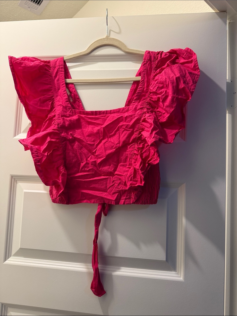 HTC Fuchsia Ruffle Tie-Front Crop Top